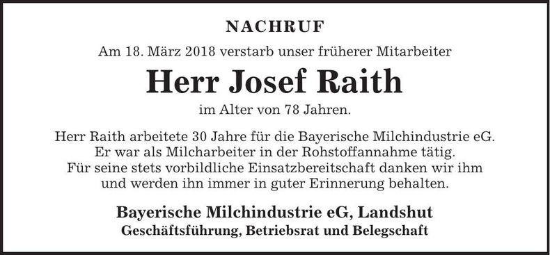 Traueranzeige josef Raith