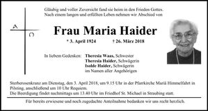 Traueranzeige Maria Haider
