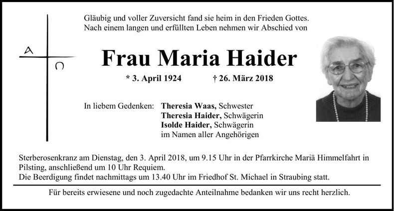 Traueranzeige Maria Haider