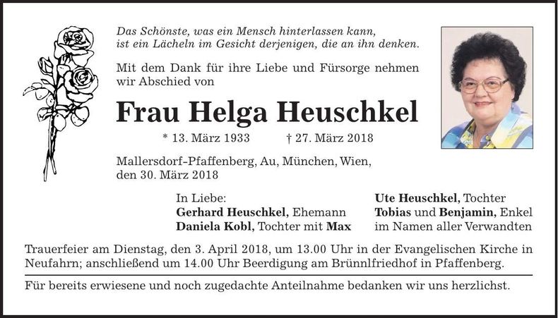 Traueranzeige Helga Heuschkel