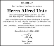 Traueranzeige Alfred Unte