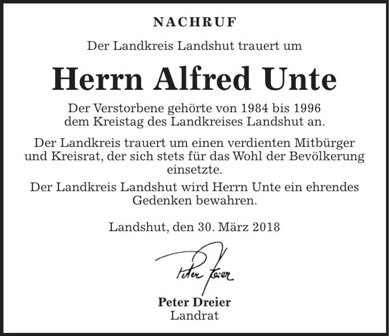 Traueranzeige Alfred Unte