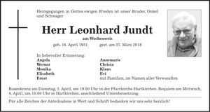 Traueranzeige Leonhard Jundt