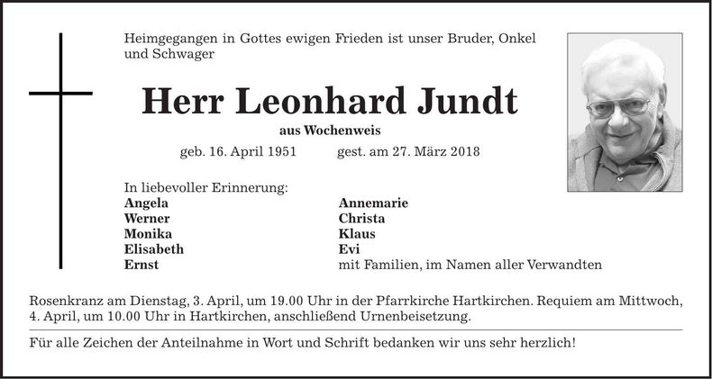 Traueranzeige Leonhard Jundt