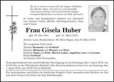 Traueranzeige Gisela Huber