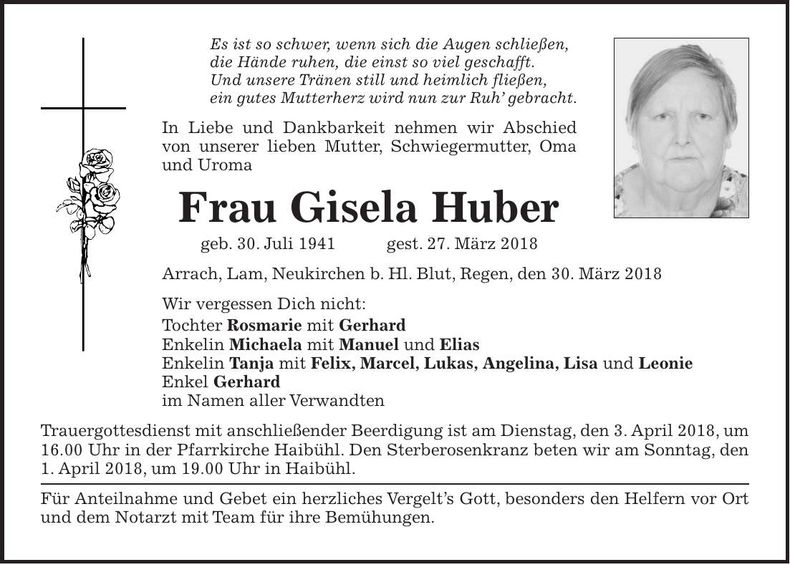 Traueranzeige Gisela Huber