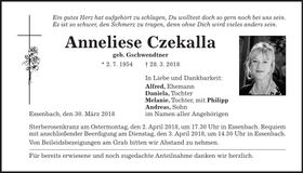 Traueranzeige Anneliese Czekalla
