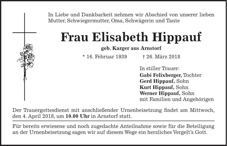 Traueranzeige Elisabeth Hippauf