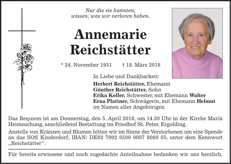Traueranzeige Annemarie Reichstätter