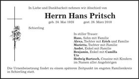 Traueranzeige Hans Pritsch