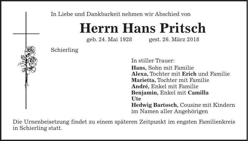 Traueranzeige Hans Pritsch