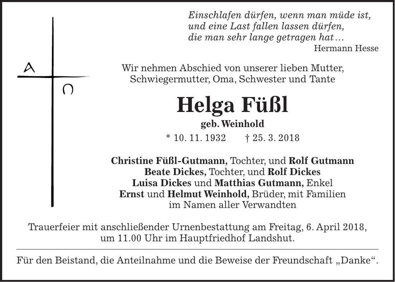 Traueranzeige Helga Füßl