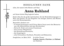 Traueranzeige Anna Ruhland