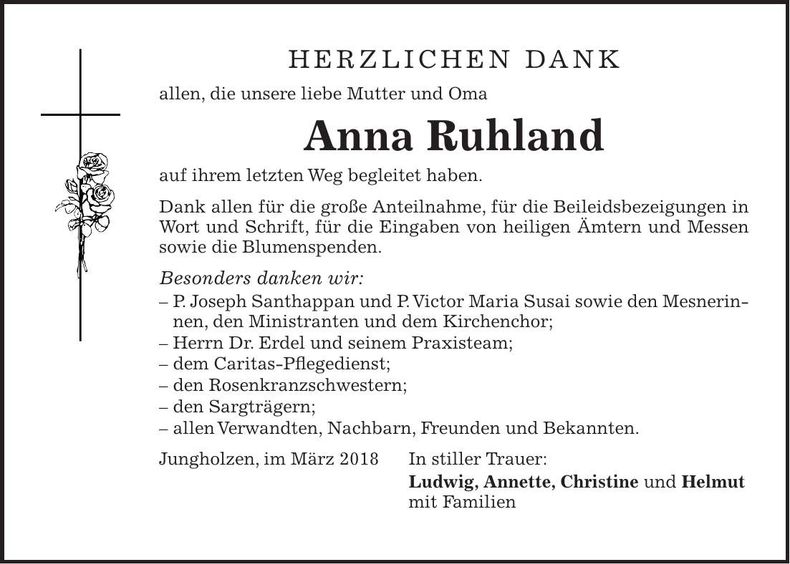 Traueranzeige Anna Ruhland