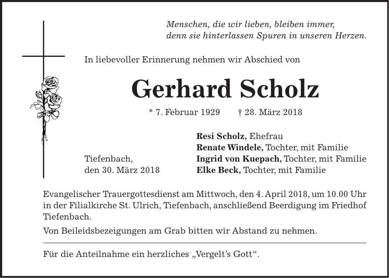 Traueranzeige Gerhard Scholz