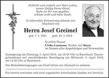 Traueranzeige Josef Greimel