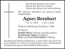 Traueranzeige Agnes Bernhart