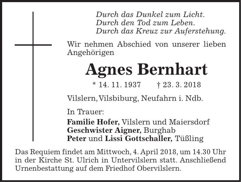 Traueranzeige Agnes Bernhart