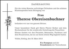 Traueranzeige Therese Obereisenbuchner