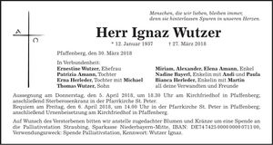 Traueranzeige Ignatz Wutzer