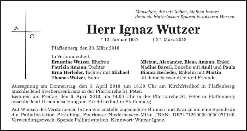 Traueranzeige Ignatz Wutzer