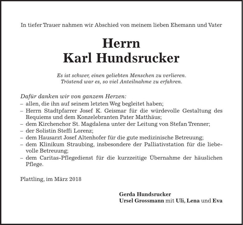 Traueranzeige Karl Hundsrucker