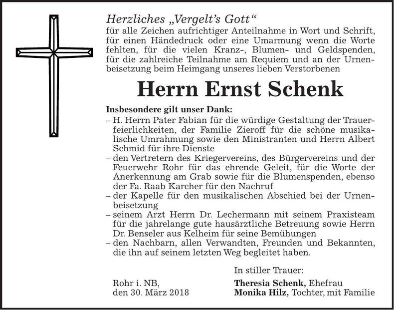 Traueranzeige Ernst Schenk