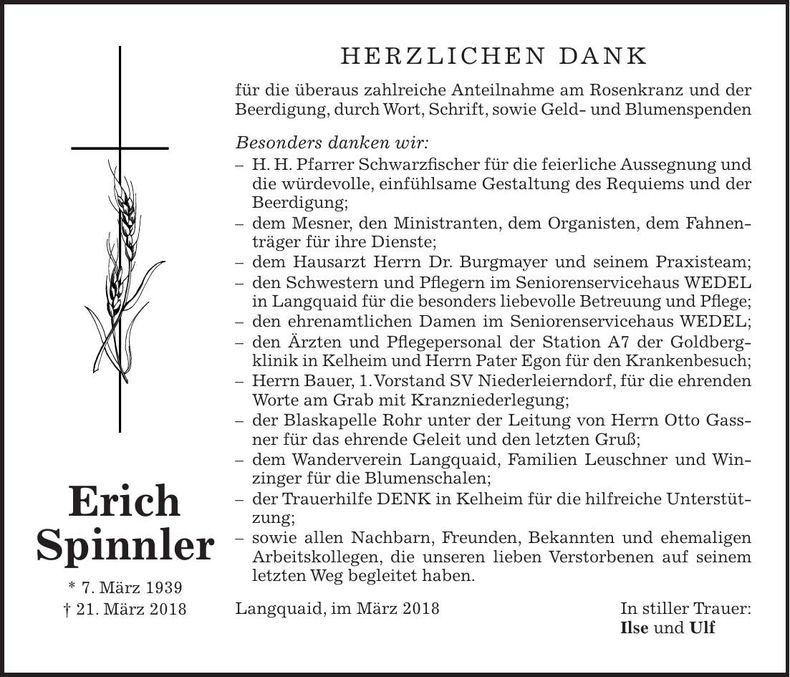 Traueranzeige Erich Spinnler