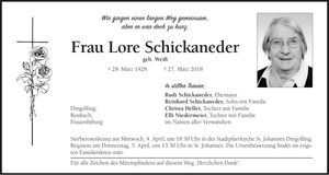 Traueranzeige Lore Schickaneder