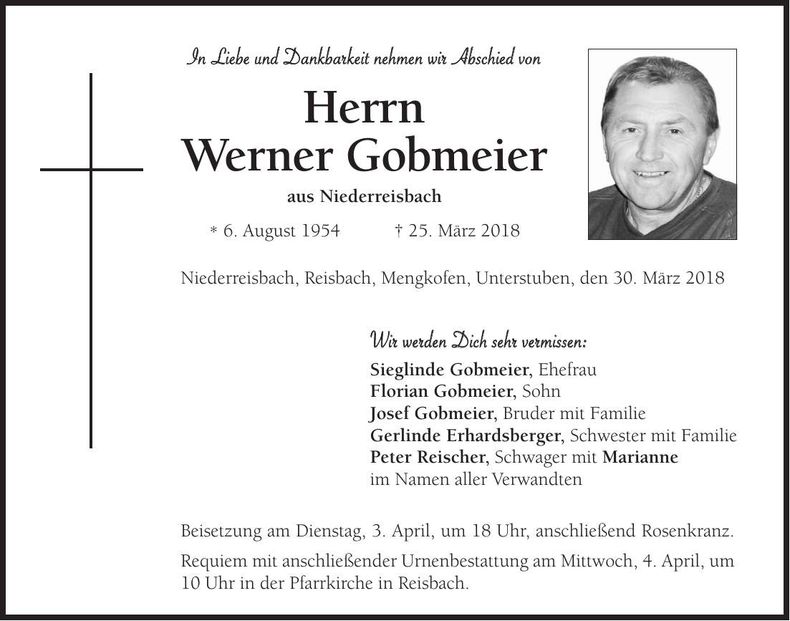 Traueranzeige Werner Gobmeier