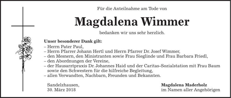 Traueranzeige Magdalena Wimmer