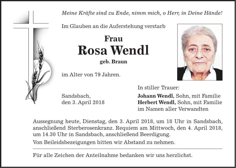Traueranzeige Rosa Wendl