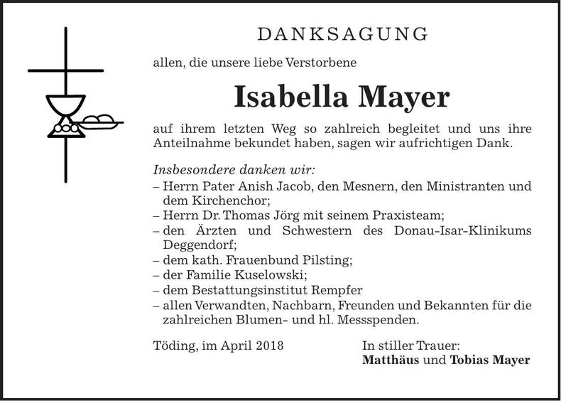 Traueranzeige Isabella Mayer