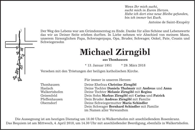 Traueranzeige Michael Zirngibl
