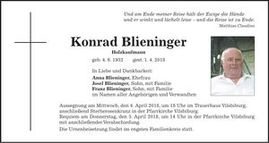 Traueranzeige Konrad Blieninger