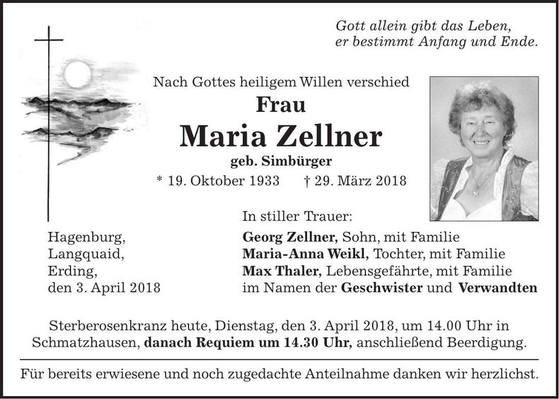 Traueranzeige Maria Zellner