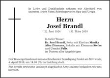 Traueranzeige Josef Brandl