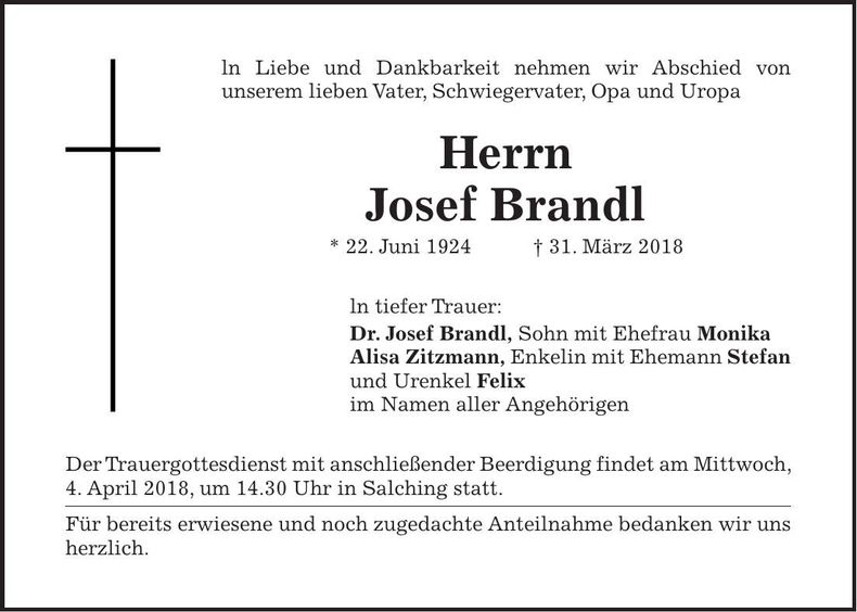 Traueranzeige Josef Brandl