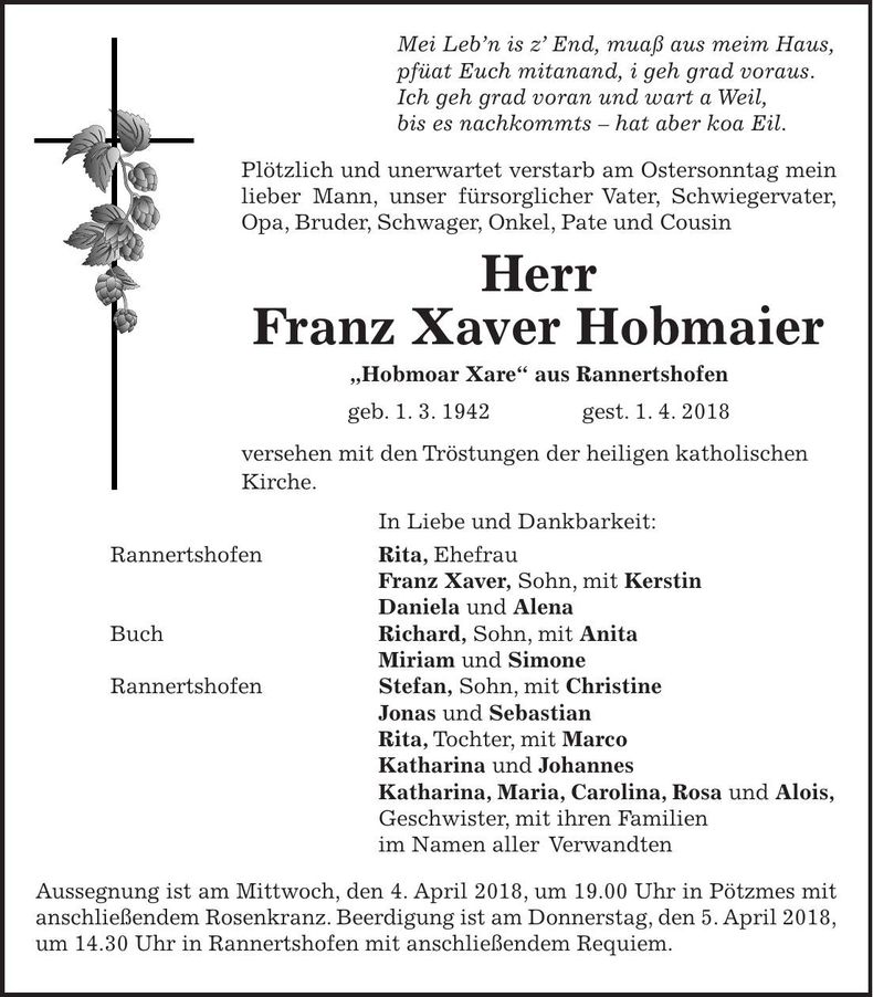 Traueranzeige Franz Xaver Hobmaier