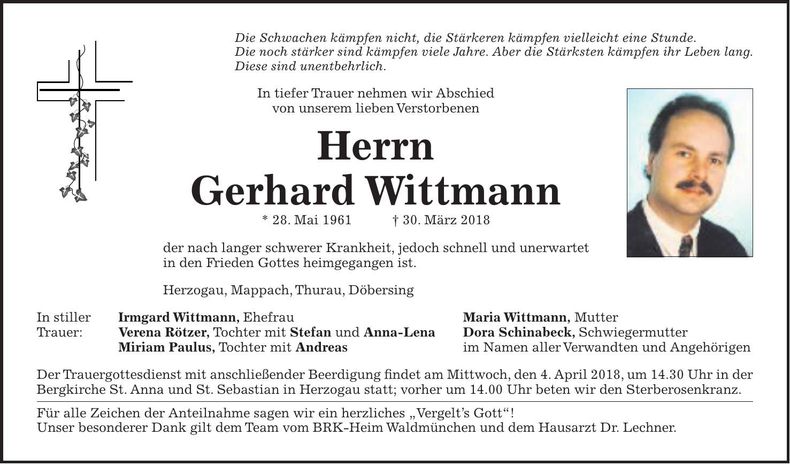 Traueranzeige Gerhard Wittmann