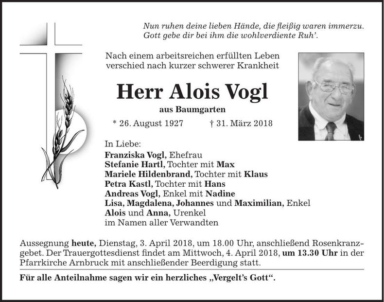 Traueranzeige Vogl Alois