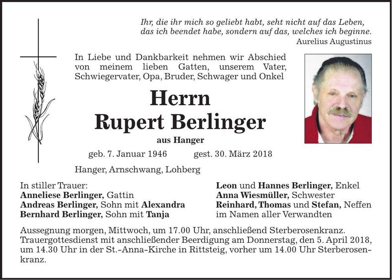 Traueranzeige Rupert Berlinger