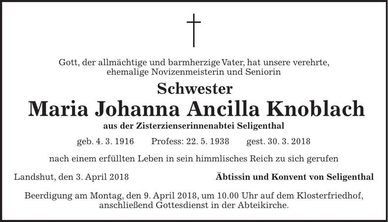 Traueranzeige Maria Johanna Ancilla Knoblach