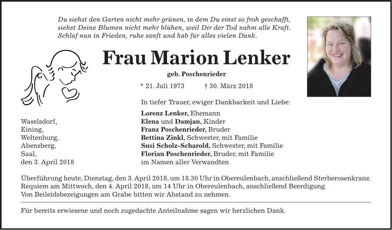 Traueranzeige Marion Lenker