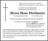 Traueranzeige Hans Dietlmeier