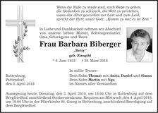 Traueranzeige Barbara Biberger