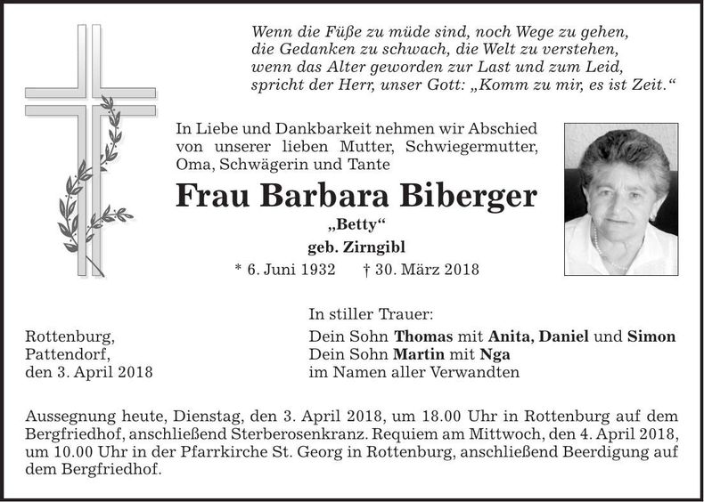 Traueranzeige Barbara Biberger
