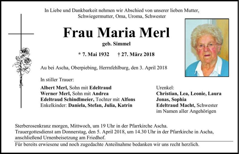 Traueranzeige Maria Merl