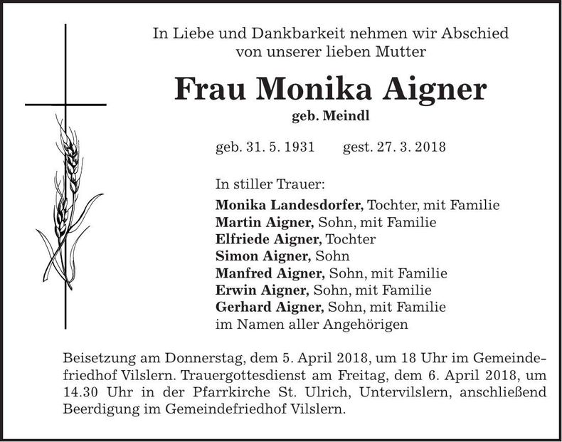 Traueranzeige Monika Aigner