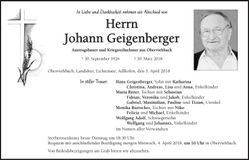 Traueranzeige Johann Geigenberger